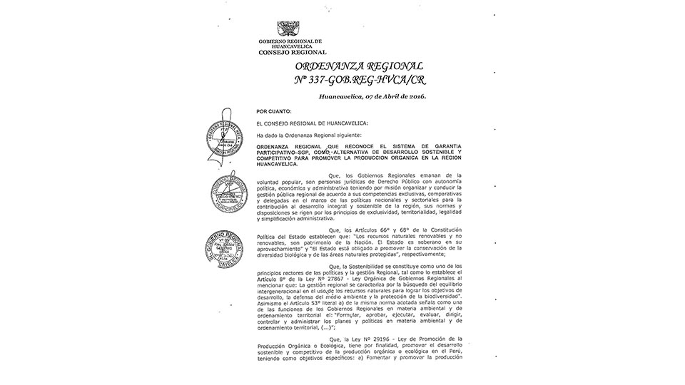 APRUEBAN ORDENANZA REGIONAL Nº 337 DEL GOB. REGIONAL DE HUANCAVELICA QUE RECONOCE EL SISTEMA DE GARANTÍA PARTICIPATIVO – SGP.